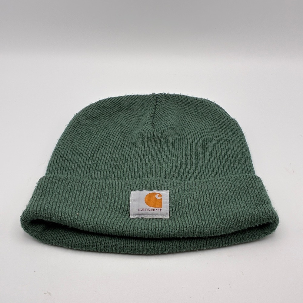 Carhartt Beanie Hat Unisex One Size Green Knit Cuffed Logo Patch Ribbed Cap